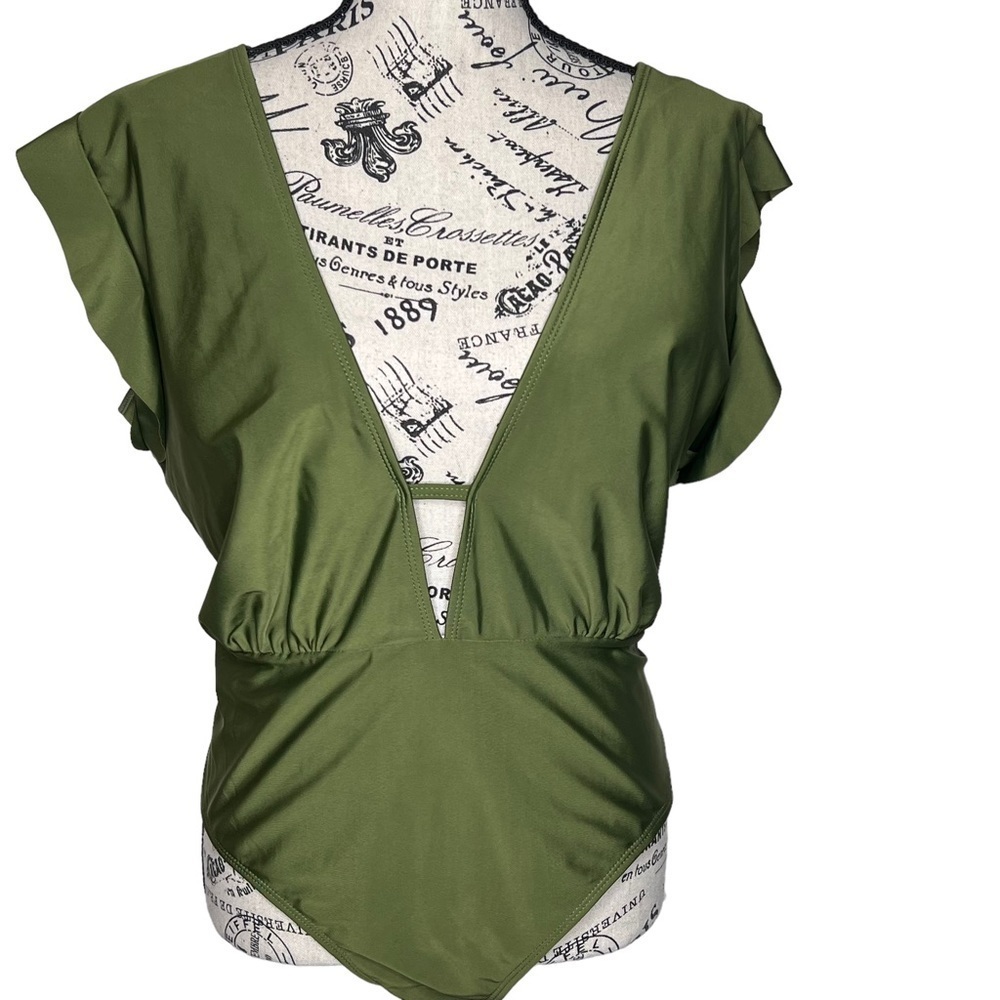 Olive Green One Piece Swim Suit Size 3X Plunging V-Neck Open Back Flutter Sleeve